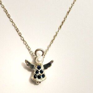 Avon Angel Pendant Necklace Silver Blue Rhinestone
